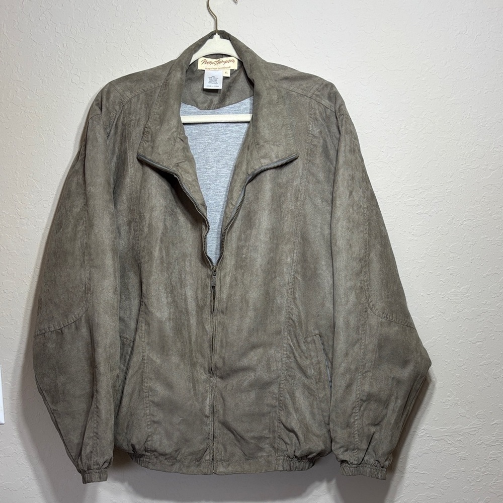 Vintage 90s Norm Thompson Faux Suede Bomber Jacket - Taupe - Size XL - Picture 3 of 11